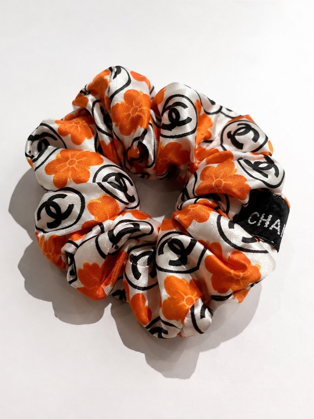 Upcycled Chanel fabric Logo Scrunchie